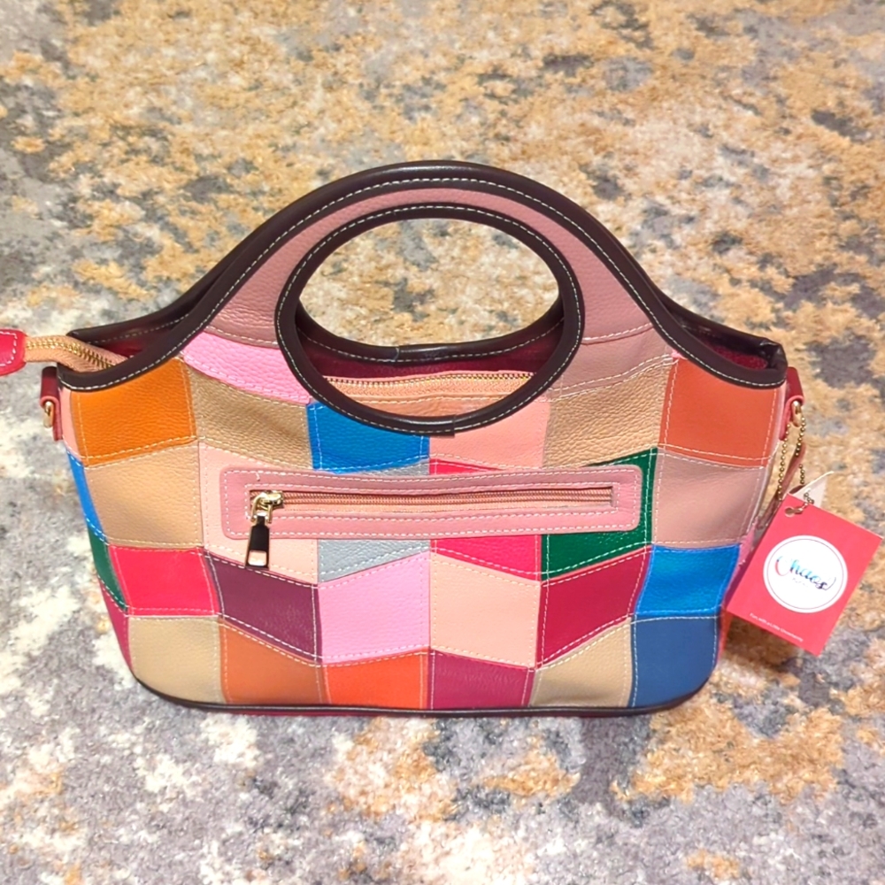 Chaos By Elsie Rainbow Solid Color Genuine Leather Tote Bag